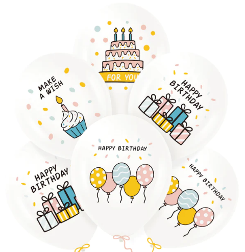 Balon Happy Birthday biały z kolorowym nadrukiem - urodziny